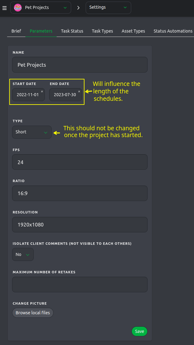 Project Parameters